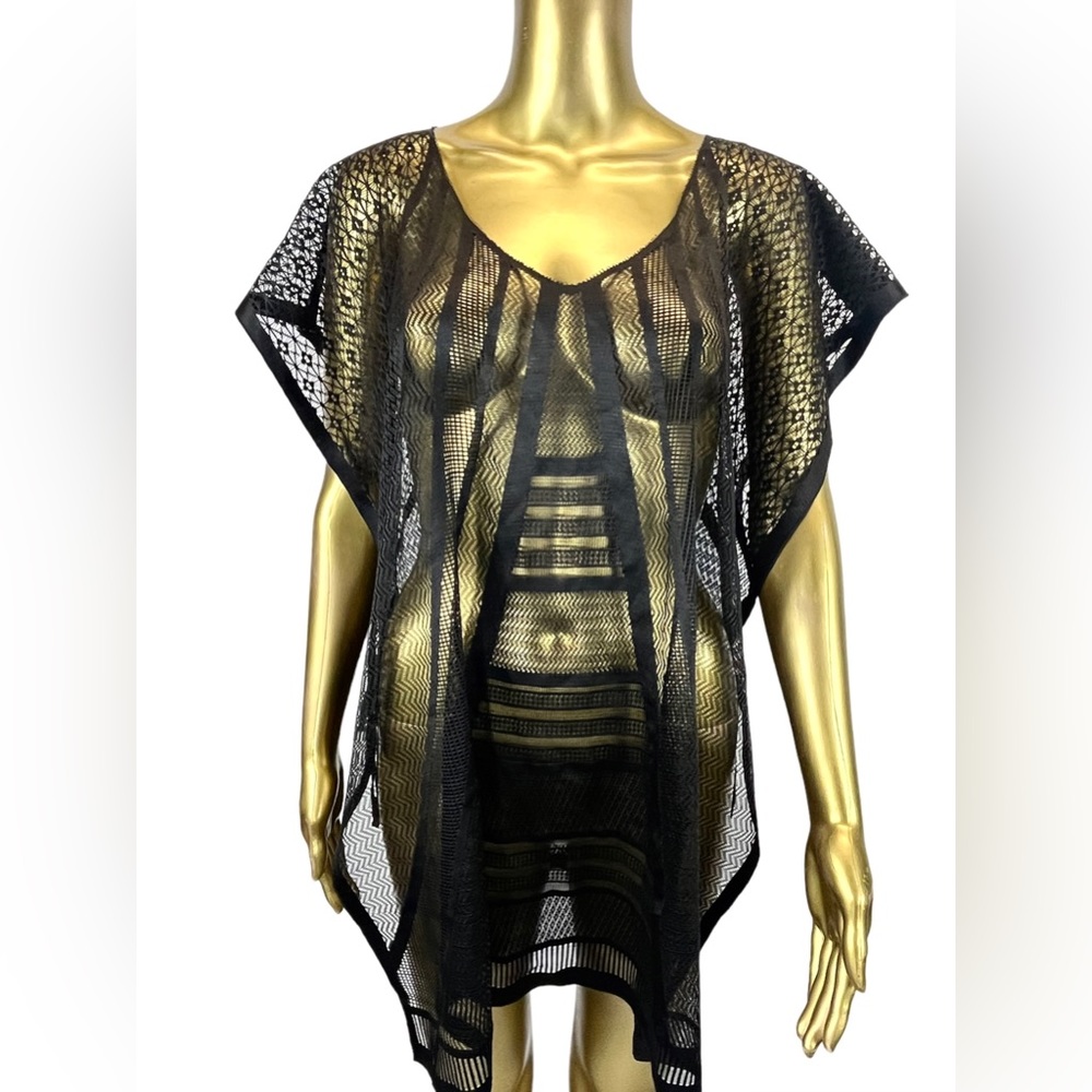 Max Studio Black Netting Poncho Beach Cover Up O/S New Mid Length Swim Cover